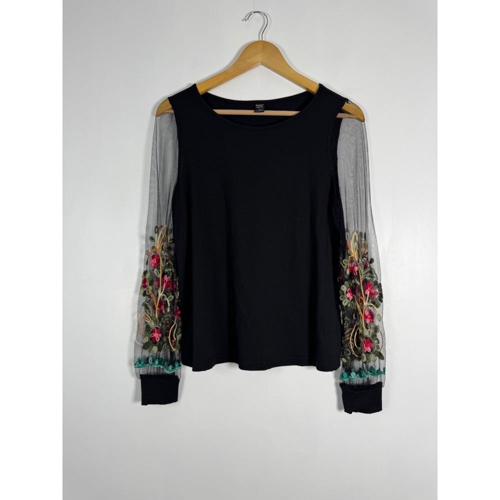 Boho Emery Rose Womens Medium Top Black Sheer Floral Embroidered Mesh Sleeve